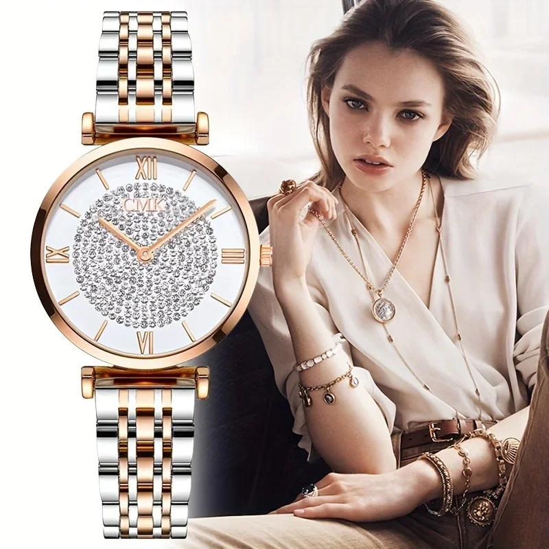 Luxury Watch Vintage - ローマ数字のクォーツ時計,ラインストーンの装飾が施されたラウンドポインター,ステンレススチールバンド,豪華なヴィンテージ