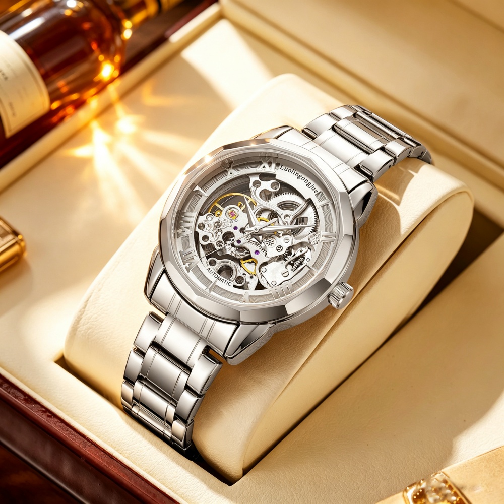Luxury Watch Value - ライトラグジュアリー全自動スケルトン機械式腕時計（男性用）、クラシックな防水スチールバンド、ムーブメントが見えるデザイン、高い美的価値、ビジネスカジュアルに最適な多用途ギフトウォッチ（男性用）