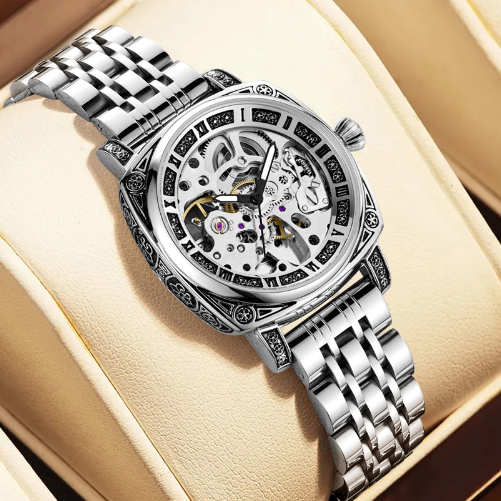 Luxury Watch Value - パーソナライズされた女性用中空機械式時計、ヴィンテージ彫刻入りライトラグジュアリー自動機械式腕時計、スチールバンド防水カジュアル女性用腕時計、ライトラグジュアリーハイエンドニッチファッションアクセサリー、日常着用、通勤、ギフト、高価値女性用腕時計に最適