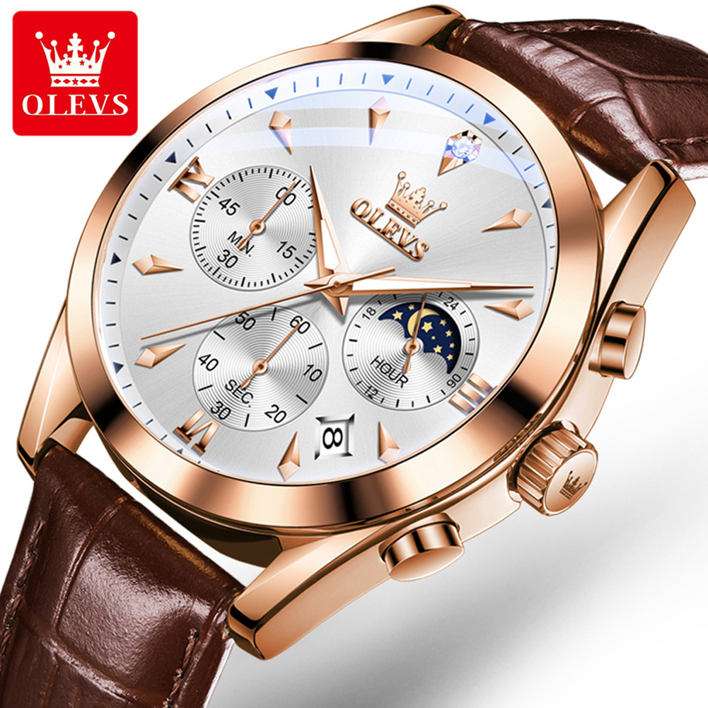 Luxury Watch Maker - Olevs-メンズレザークォーツ時計,防水,発光,カレンダー,ラグジュアリー,クロノグラフ,ファッション,ブランド,新品
