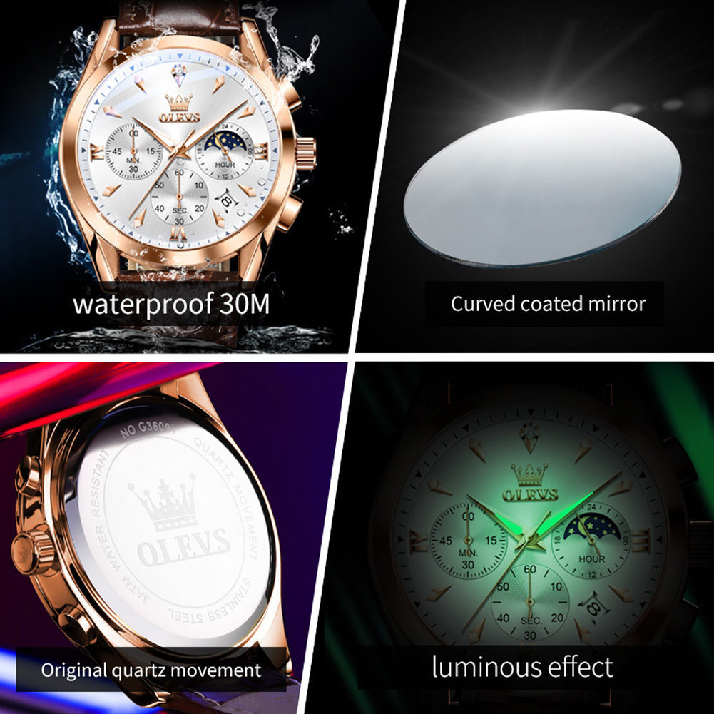 Olevs-メンズレザークォーツ時計,防水,発光,カレンダー - Luxury Watch Maker のレビューと価格