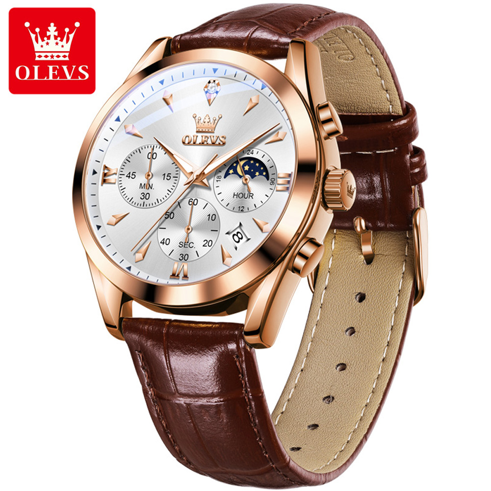 Olevs-メンズレザークォーツ時計,防水,発光,カレンダー - Luxury Watch Maker のレビューと価格